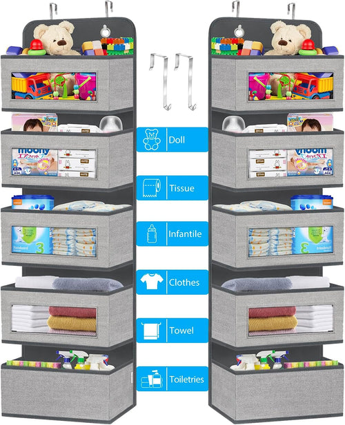 2 Pack Over the Door Hanging Organizer with 5 Large Pocket and Clear Window, Sturdy Over the Door Storage Organizer for Closet, Pantry, Bathroom,Bedroom, Nursery, Dorm (Grey)