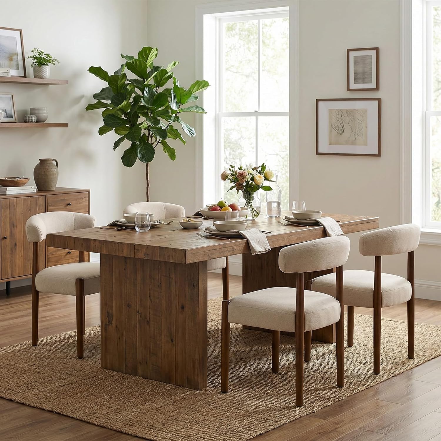 VKNOW Wooden Dining Chairs Set of 4, Modern Upholstered Dining Room Chairs with Walnut Wood Legs and Curved Backrest, Fabric Kitchen Chairs for Farmhouse/Living Room/Dining Room, Beige