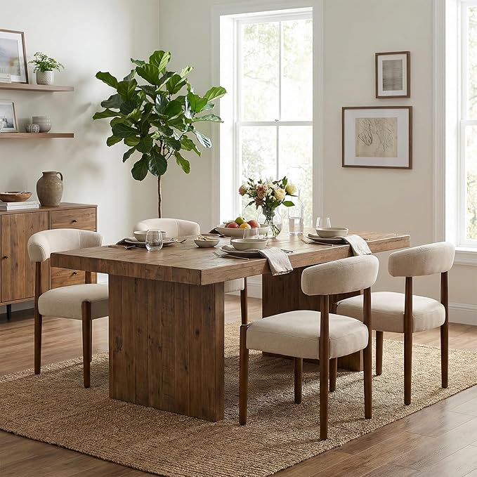 VKNOW Wooden Dining Chairs Set of 2, Modern Upholstered Dining Room Chairs with Walnut Wood Legs and Curved Backrest, Fabric Kitchen Chairs for Farmhouse/Living Room/Dining Room, Beige