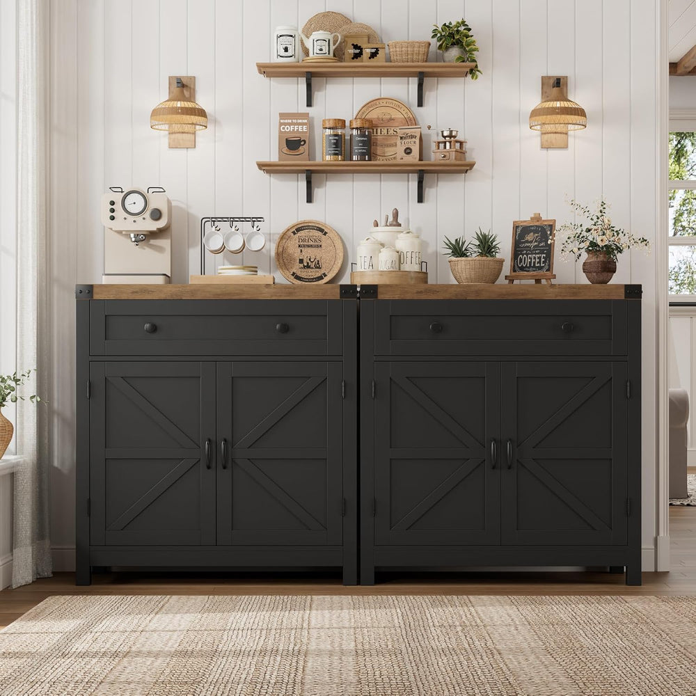 HOSTACK Kitchen Storage Cabinet, Farmhouse Coffee Bar Cabinet, Black/Brown