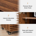 LEVNARY 5-Tier AV Media Cabinet with Grille Door & Adjustable Shelves, Modern Wooden Stereo Rack with Cable Management & Wheels, Audio Video Stand for Living Gaming Room Recording Studio (Walnut)