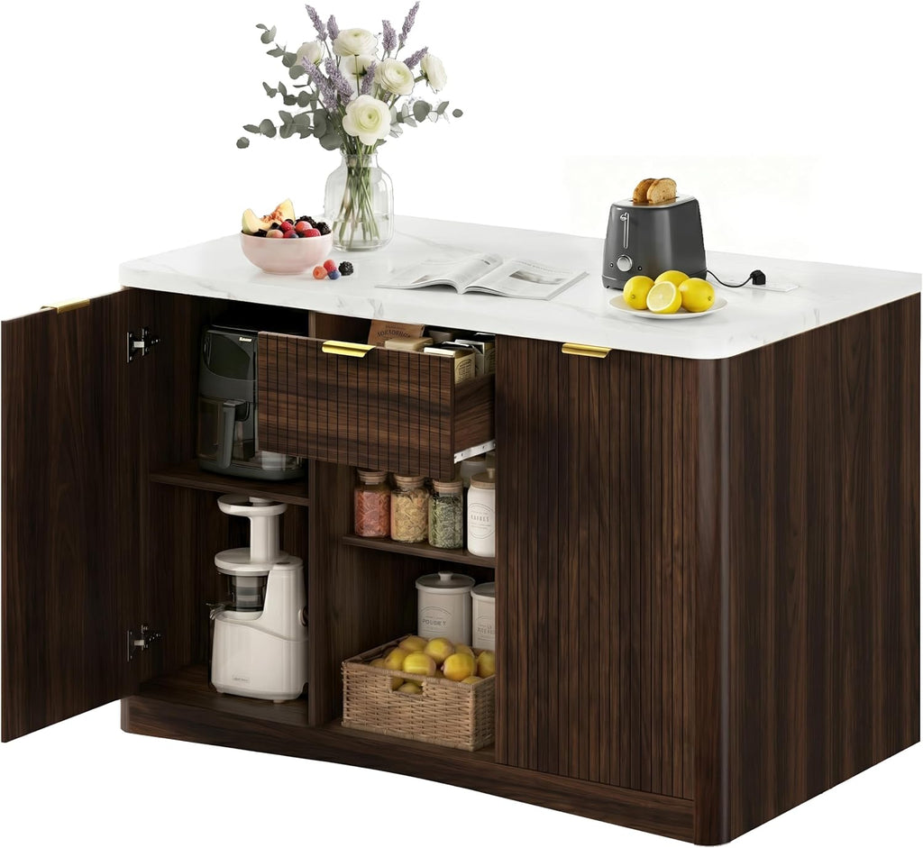 Marble Top Kitchen Island, 47.2" W Kitchen Island on Wheels Islands Table with Power Outlet Rolling Coffee Bar Cart with Buffet Cabinet & Drawer for Dining Room Breakfast Bar Table - Walnut