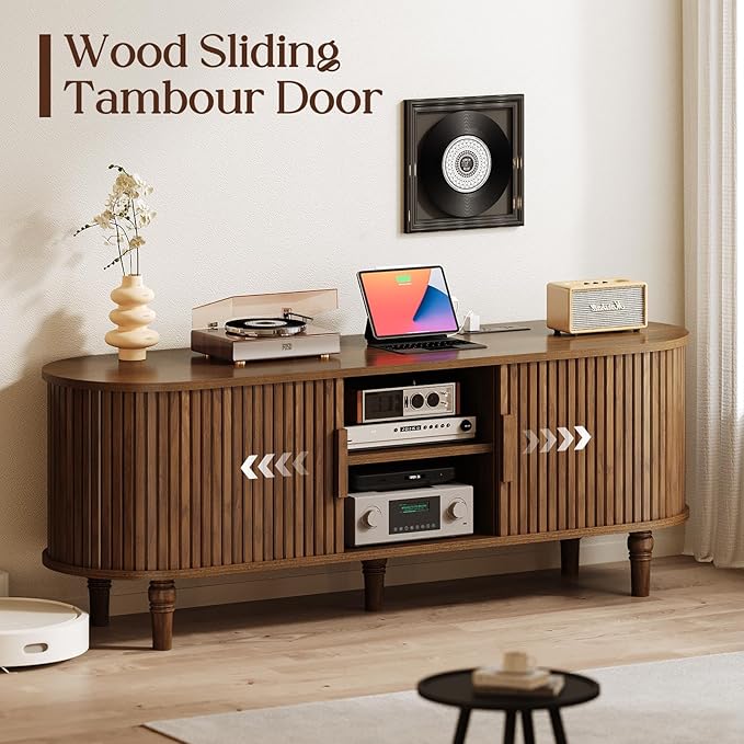 TV Console with Power Outlet-55 Entertainment Center with Sliding Tambour Door, Modern TV Stands for Living Room Bedroom, LED Media Stand with Storage Cabinet and Adjustable Shelves, Walnut