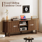 TV Console with Power Outlet-55 Entertainment Center with Sliding Tambour Door, Modern TV Stands for Living Room Bedroom, LED Media Stand with Storage Cabinet and Adjustable Shelves, Walnut