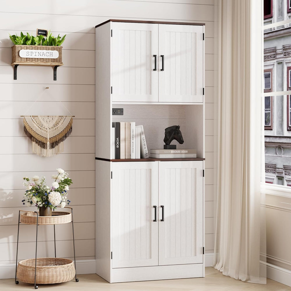 MHOM 71" Tall Pantry Cabinet with Charging Station, Farmhouse Kitchen Hu...