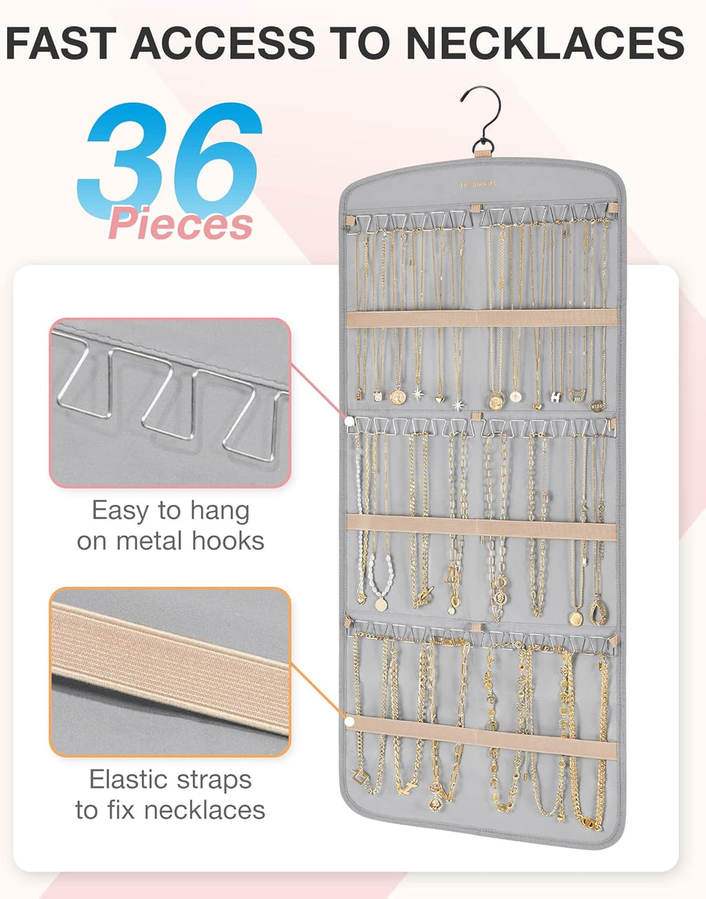 BAGSMART Hanging Jewelry Organizer, Necklace Holder Anti-tangle Earrings Rings Hanger with 20 Jewelry Bags Travel Storage Roll with Pockets Hang on Closet, Wall, Door,1 Piece, Large Grey