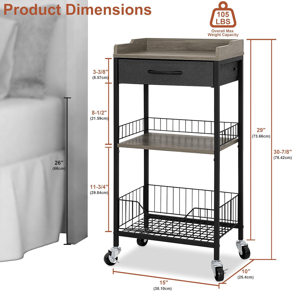 Tall Side Table with Drawer and Shelves, Narrow End Table with Optional Wheel...
