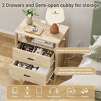 Night Stand with Charging Station, 24" Large Modern Side Table with Solid Round Post Legs, 2 Drawers End Table with Open Shelf, Nightstand with Storage for Bedroom, Natural Oak