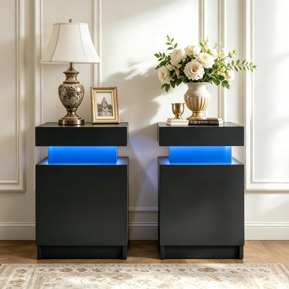 Nightstand Set of 2, Night Stands with LED Lights, Bedside Table End Side Tab...