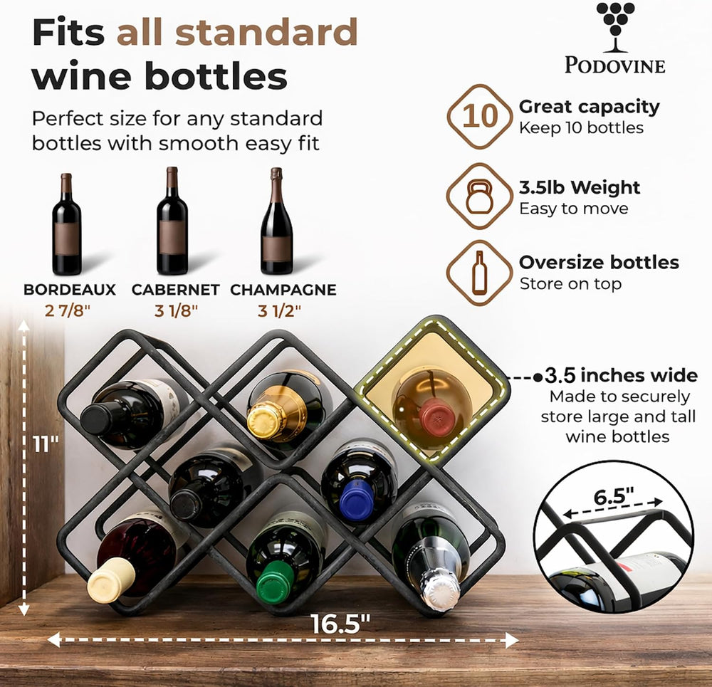 Metal Wine Rack – Matte Black Carbon Steel, 10-Bottle Countertop & Hangab...