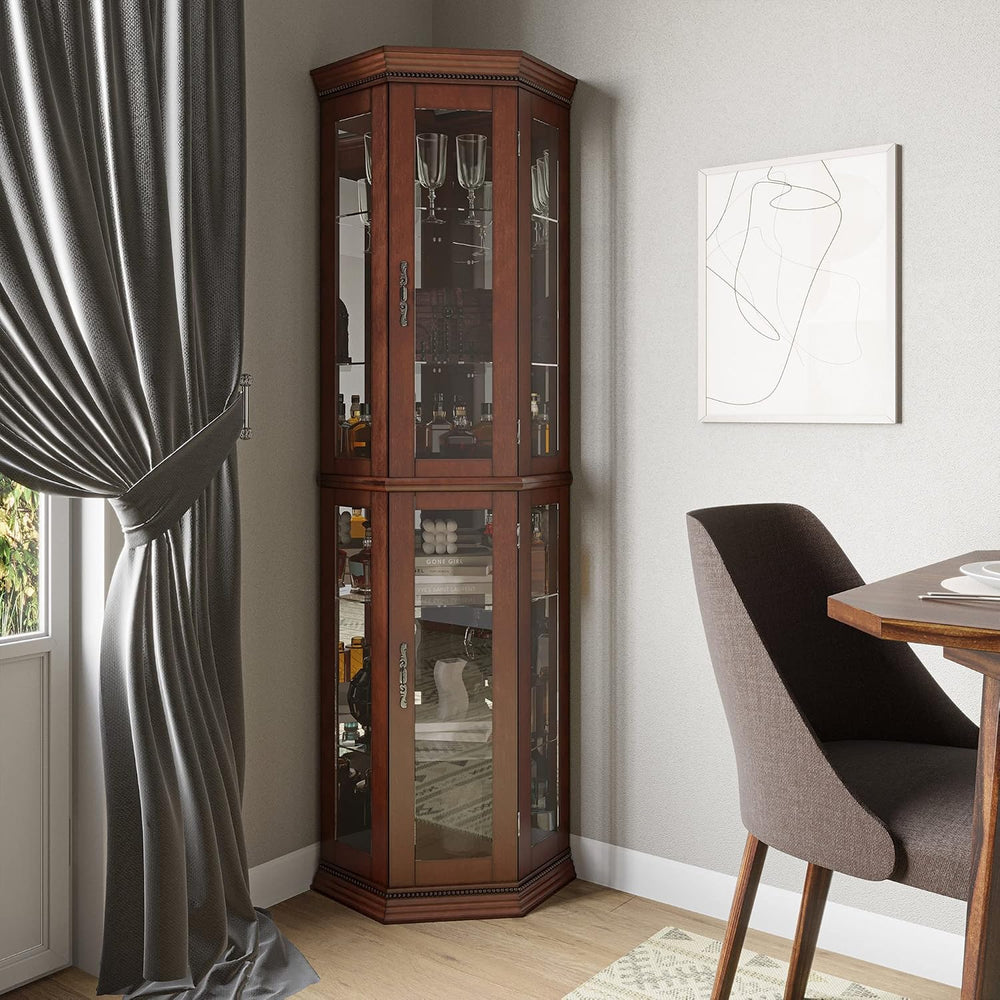 BELLEZE Lighted Wooden Corner Display Curio Cabinet, Two Section Shelving Uni...