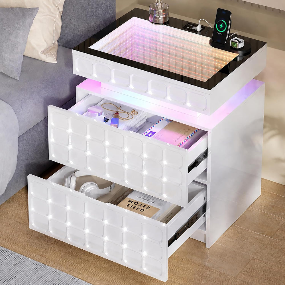 Vlsrka RGB Nightstand with Glass Top,Smart Night Stand with Charging, White |...