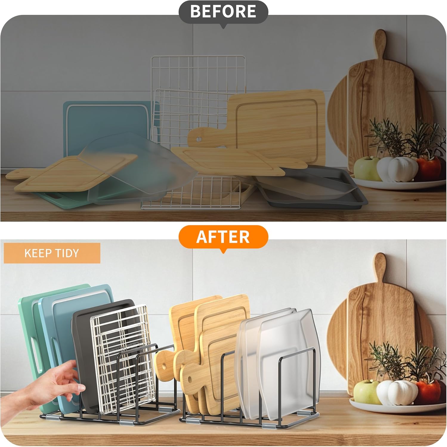 Cutting Board Organizer, Kitchen Cabinet Organizer, Divided Rack with 5 Slots for Baking Trays, Cutting Boards - Cookie sheet Organizer Inside Cabinet, Baking Sheets Holder (medium)