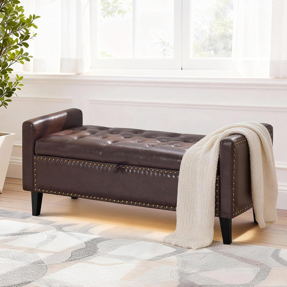 47'' Leather Storage Ottoman Bench, End of Bed Storage Bench with Woo...