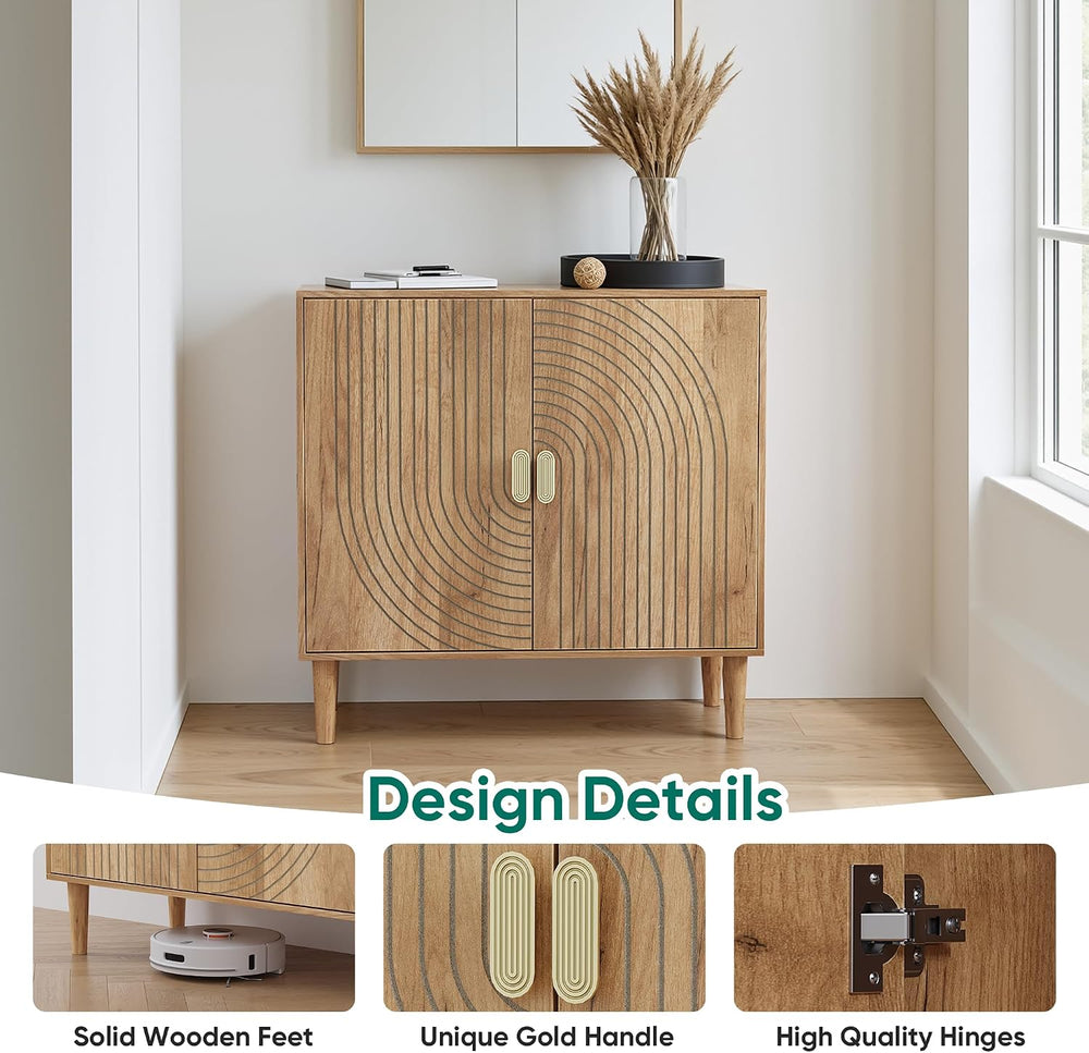 Smuxee Oak Sideboard Cabinet, Freestanding Buffet Cabinet with Line Groove De...