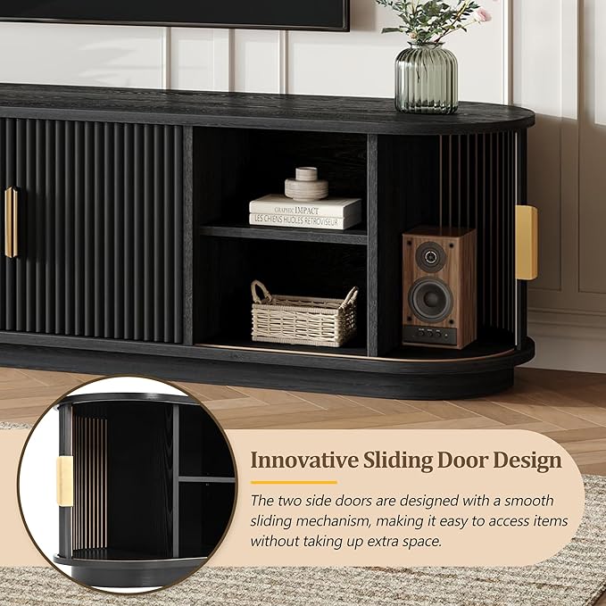 Farmhouse Wooden TV Stand with Sliding Tambour Door for TVs up to 75", Fluted Media Console with Adjustable Storage, Golden Handle TV Cabinet with Cable Holes for Living Room, Black