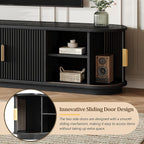 Farmhouse Wooden TV Stand with Sliding Tambour Door for TVs up to 75", Fluted Media Console with Adjustable Storage, Golden Handle TV Cabinet with Cable Holes for Living Room, Black