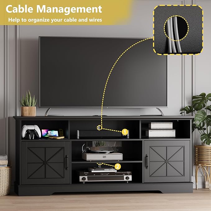 Farmhouse TV Stand for 65/60/55 Inch Tvs, Rustic Entertainment Center with LED Lights and Power Outlets, Modern Media Console Table, Wood Television Furniture for Living Room, Bedroom, Black
