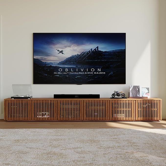 POVISON Full Assembled Mid Century Modern TV Stand, 118” Extra-Large Entertainment Center for 100 inch TV, Wood Slatted TV Media Console with Storage for Living Room Bedroom