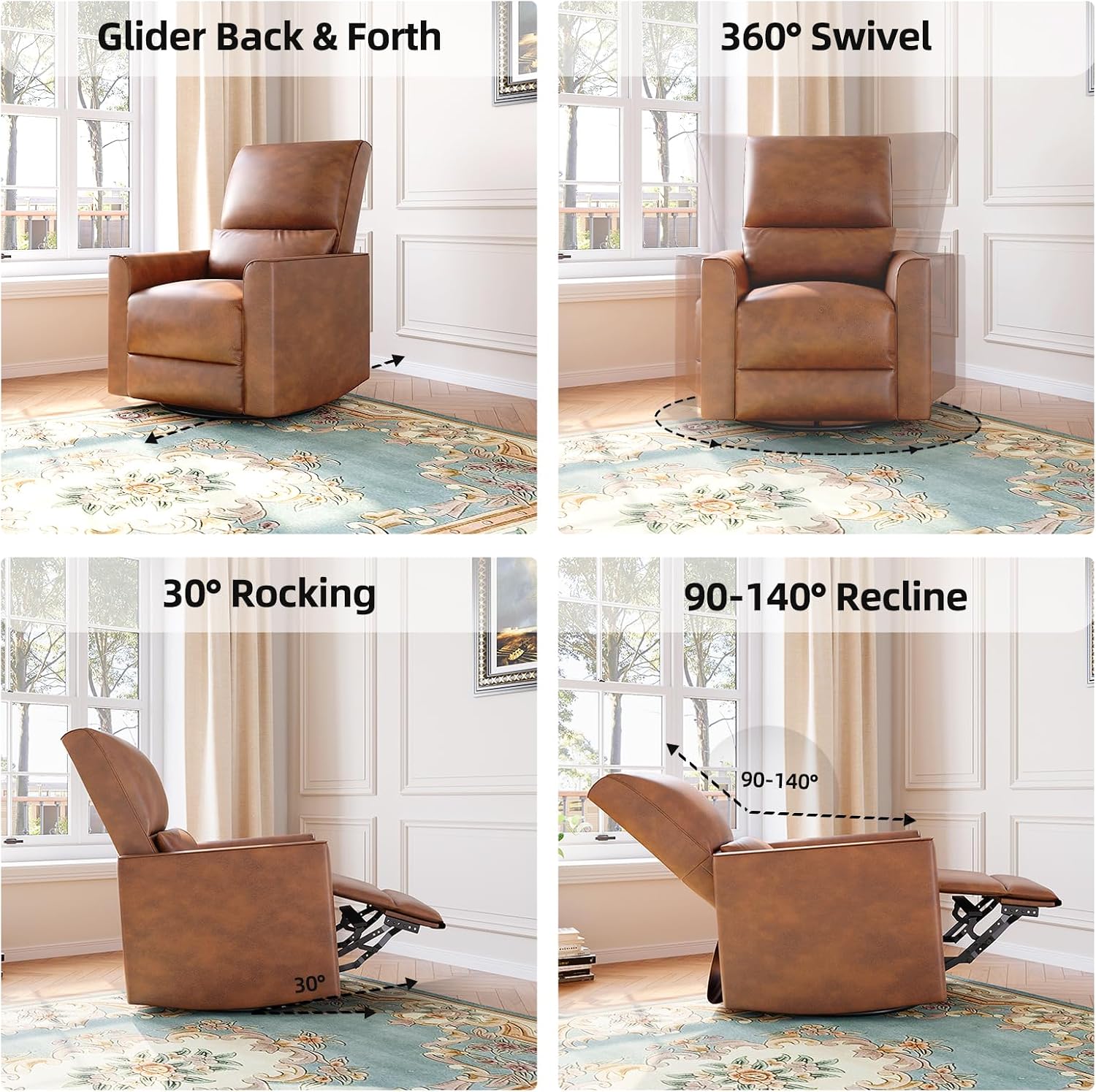 GAOMON Swivel Rocking Recliner Chair, Manual Leather Recliner Glider with | Lumbar Support & Padded Armrest, Comfortable Rocker Nursery Single Sofa for Living Room and Bedroom (Brown)