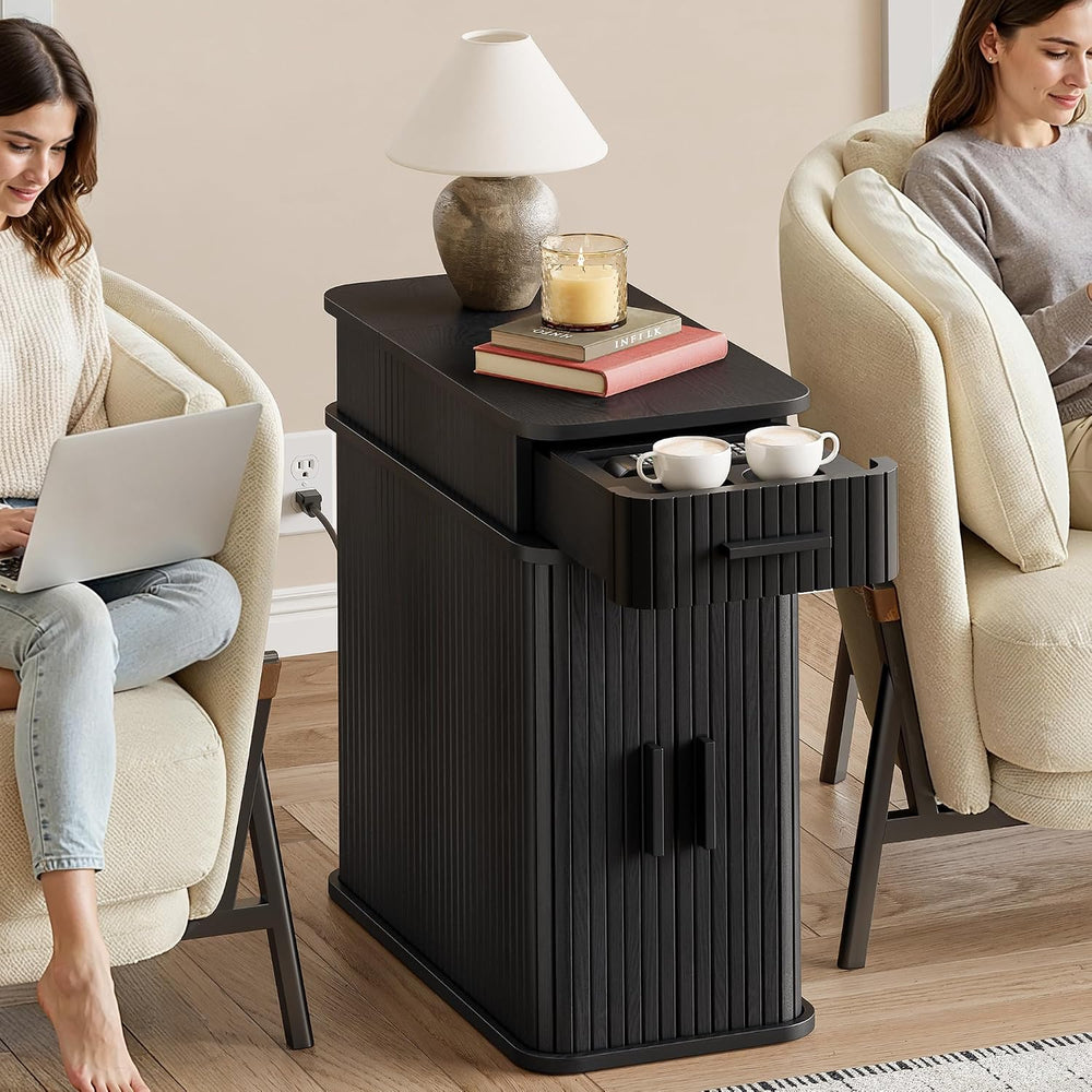 ONBRILL Fluted End Table, Narrow Side Table, 23.62" H, Black