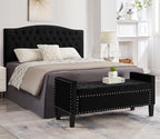 Upholstered Velvet Storage Ottoman Bench with Nail Trims,Soft Padded Seat with Armrest,for Living Room,Bedroom,Entryway,Easy to Assemble,Black