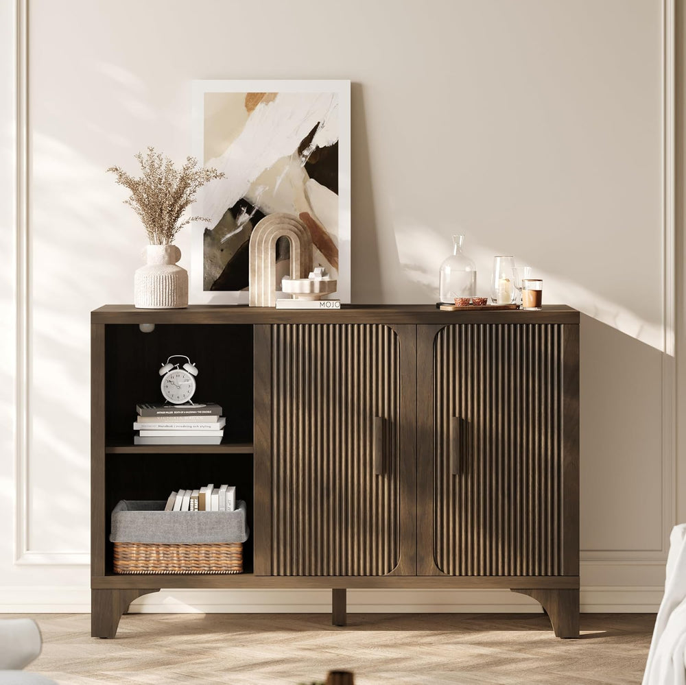 Mid Century Modern Fluted Buffet Cabinet with Storage, Accent Sideboard and C...