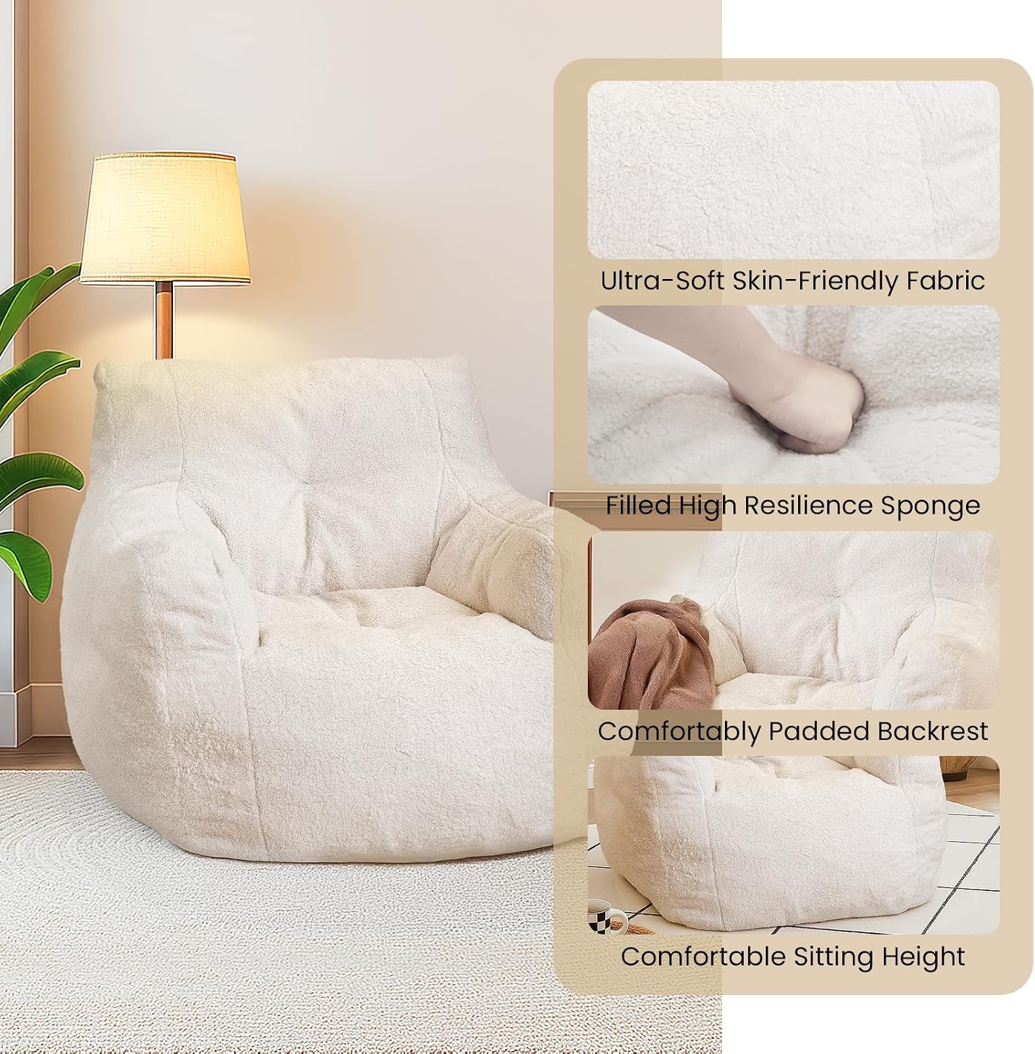 Cvortll Bean Bag Chairs for Adults Kids, Bean Bag Chair with Filler, Fluffy Lazy Sofa, Comfy Cozy BeanBag Chair with Memory Foam for Small Spaces, Bedroom, Living Room, Dorm
