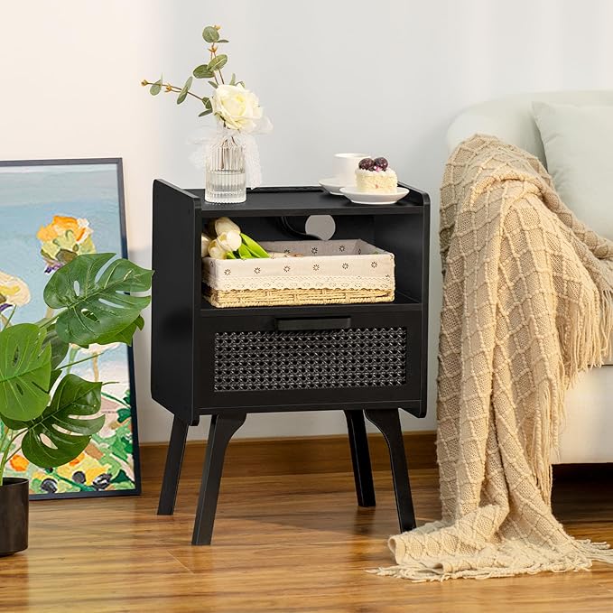 Lerliuo Rattan Nightstands Set of 2 with Charging Station, Boho Side Table wi...
