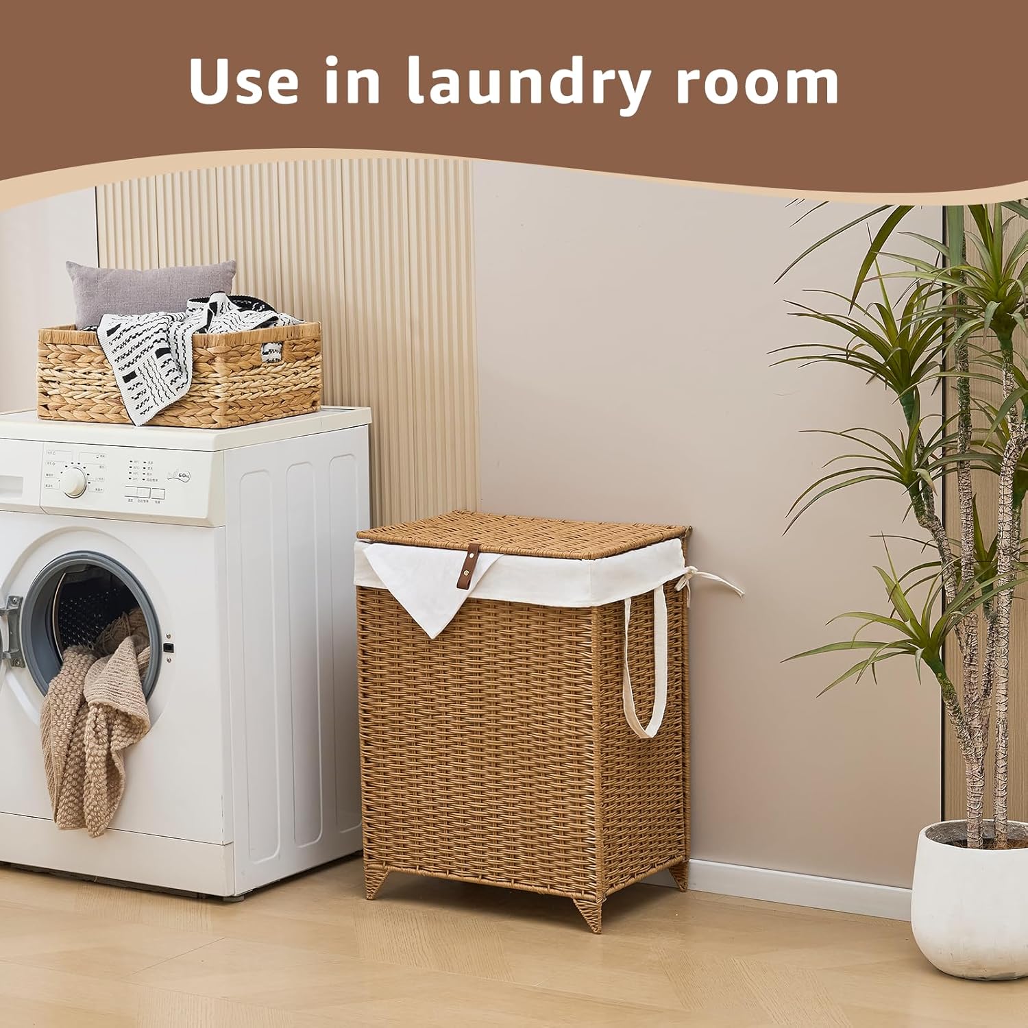 Laundry Hamper with Lid and Removable Liner Bag, Handwoven Rattan Clothes Hamper with Heightened Feet, Wicker Laundry Basket for Clothes and Towels，Middle