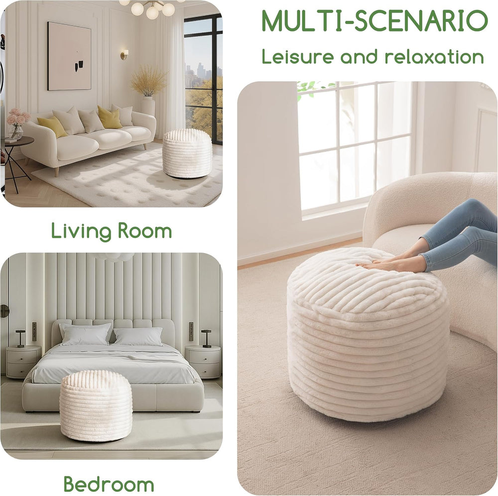 HIGOGOGO Round Stuffed Pouf Ottoman, Stripe Faux Fur Poufs with Foam Chunk Fi...