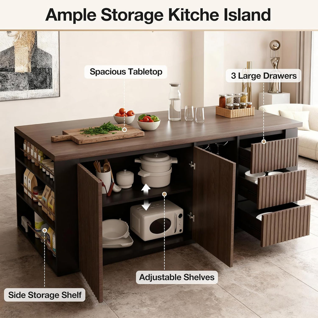 70.8 Inch Modern Multifunctional Kitchen Island Tabletop Home Bar with 3 Drawers, Wine Rack, Glass Cup Holder Adjustable Dividers for Kitchen Dining Room Family Party