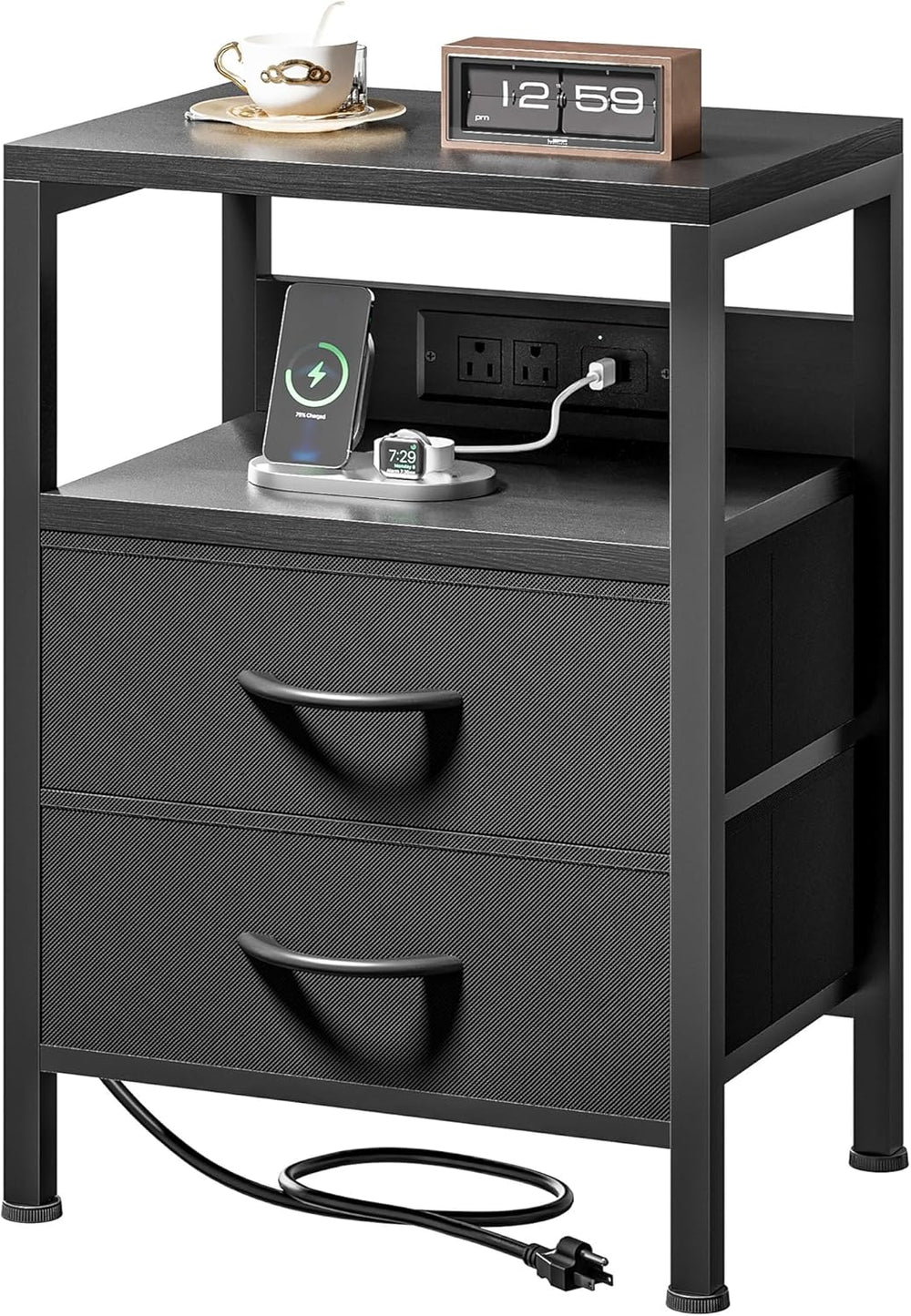 Lazzanto Night Stand with Charger Station for Bedroom, Black Nightstand | Bed...