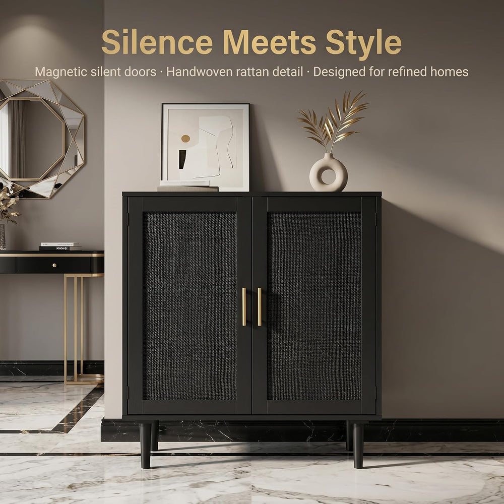 Finnhomy Sideboard Buffet Kitchen Storage Cabinet with Black Painted Rattan D...