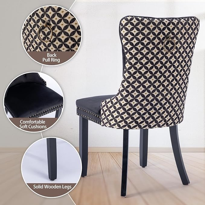 Velvet Dining Chairs Set of 6, High-end Tufted Upholstered Dining Chair with Back Ring Pull, Nailhead Trim and Solid Wood Legs, Modern Dining Room Chairs for Dining Room, Black &Patterned