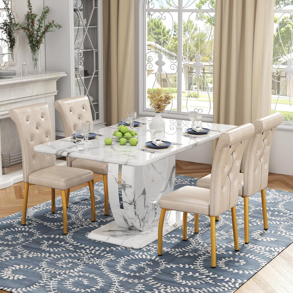 Modern Faux Marble Dining Table Set for 4, 63" White Rectangular Kitchen...
