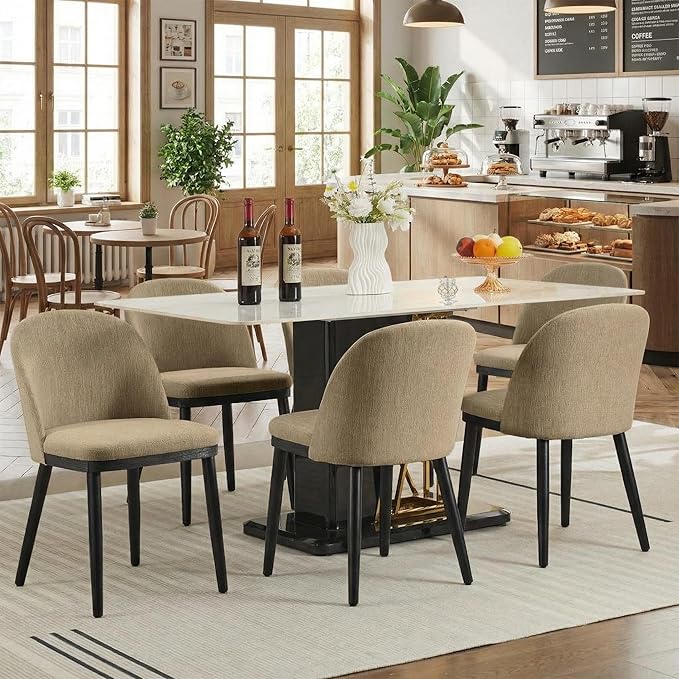 Wooden Dining Chairs Set of 4,Upholstered Kitchen Dining Room Chairs with Curved Backrest and Wood Leg,Modern Fabric Farmhouse Dinner Chair for Restaurant/Cafe,Camel