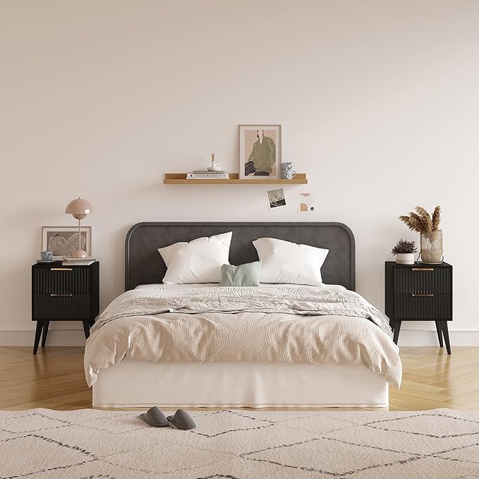 Fluted Nightstand with 2 Drawers,Modern Bedside Table with Metal Handles,Whit...