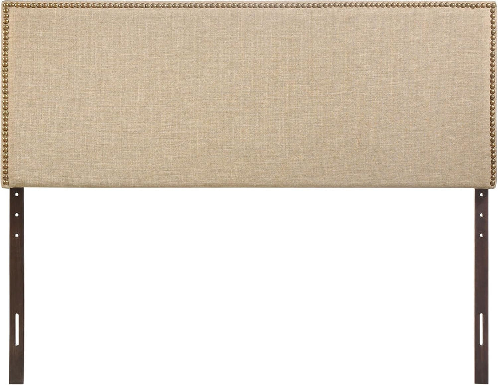 Modern Contemporary Queen Size Nailhead Upholstered Headboard, Beige Fabric