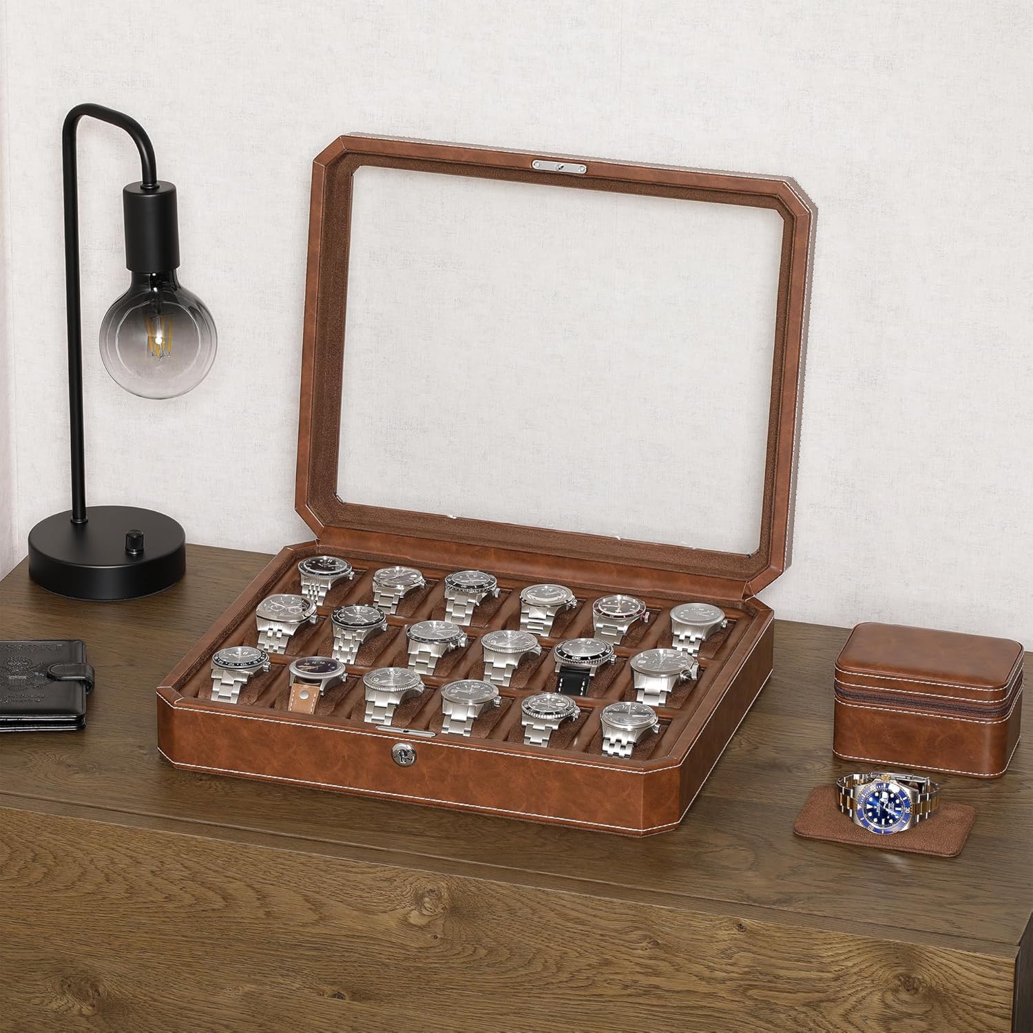 ROTHWELL 18-Slot Watch Case – Luxury Watch Box for Men, Real Glass Top, Lockable, Elegant Display for Collections (Tan/Brown)