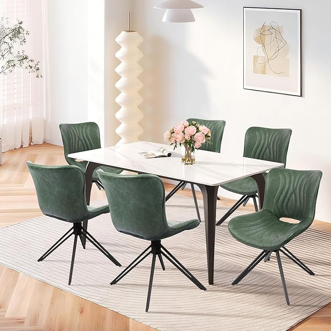 Dining Chairs Set of 6, 360° Swivel Upholstered Mid-Century Modern Kitchen Dining Room Chairs, Armless Faux Leather Accent Side Chair with Padded Back, Metal Legs for Living Room,Green
