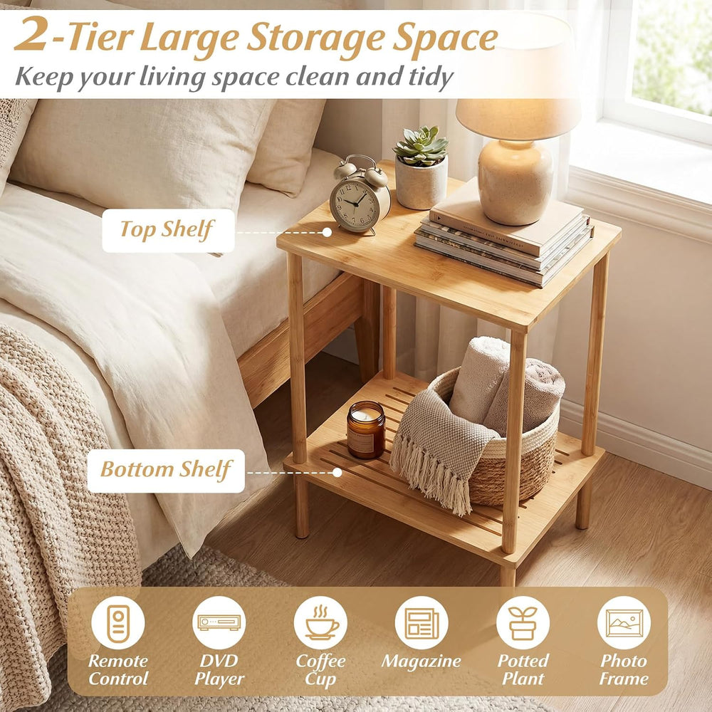 Giantex Bamboo Side Table Set of 2, 2-Tier Sofa End Bedside Table w/Storage S...