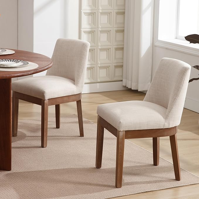 Modern Dining Chairs Set of 2 Comfortable Dining Room Chairs with Back, Linen Fabric Upholstered Kitchen Side Chairs with Natural Wood Legs for Living Room, Beige