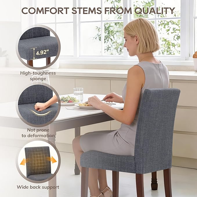 Upholstered Dining Chairs Set of 4 - Line Fabric Modern Farmhouse Kitchen Chairs,Mid-Back Dining Room Chairs with Wooden Legs