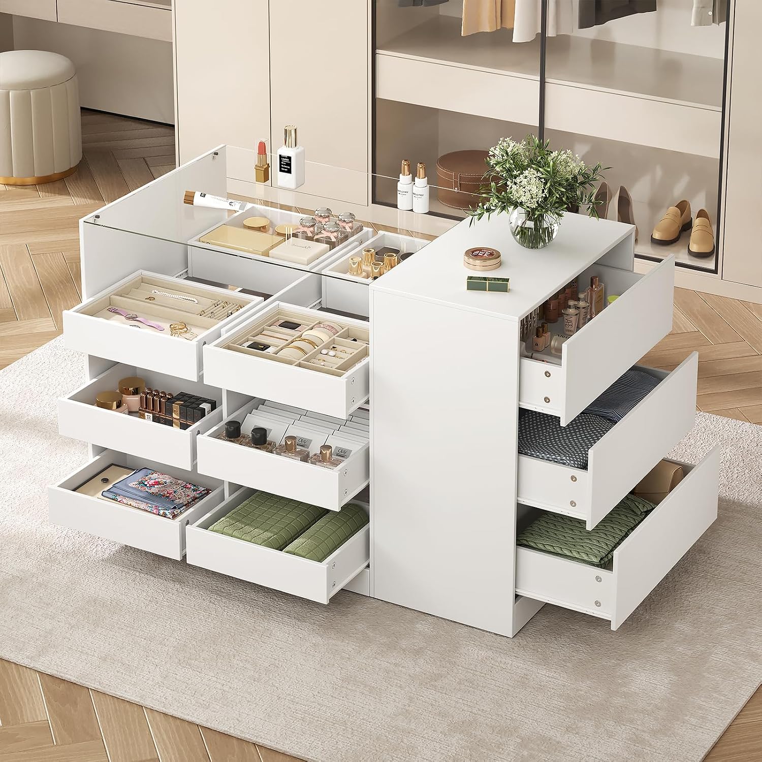 LIVAUVEAD Closet Island with 15 Drawers, Glass Top & Display Shelves, White | Wardrobe Armoire Bedroom Island, White Dresser with Glass Display Shelf, Walk-in Closet Island for Bedroom, Cloakroom