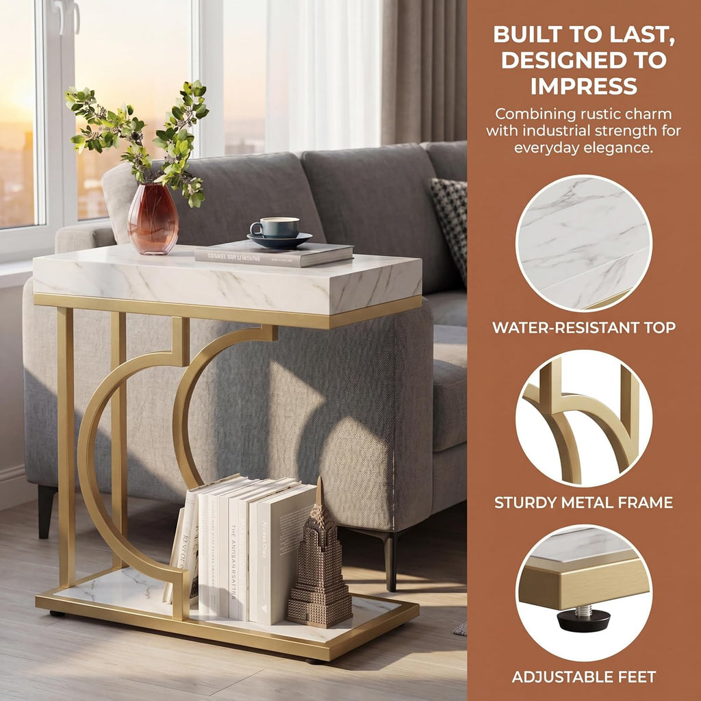 Tribesigns C Shaped Side Table for Coach Modern Narrow End Table with Metal Frame,Sofa Table Bedside Table for Living Room Bedroom (White&Gold)