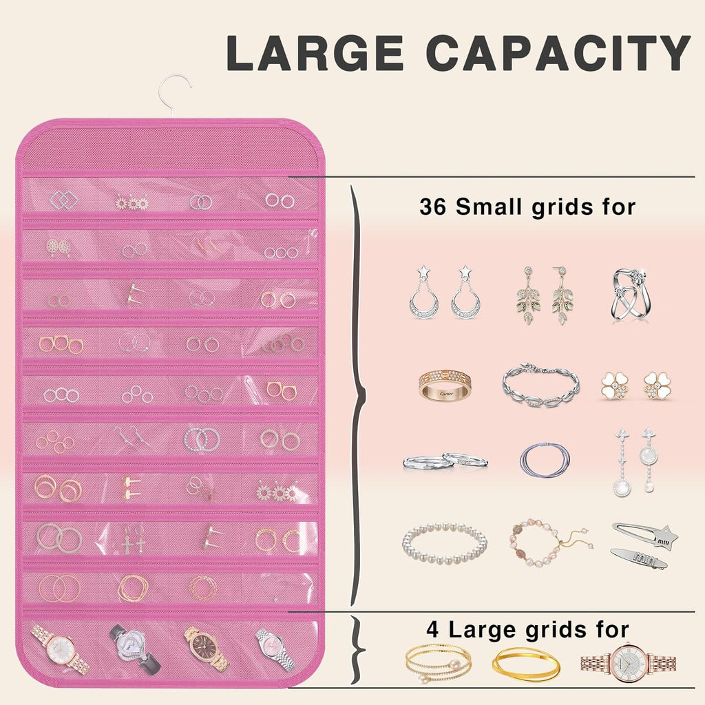 Hanging Jewelry Organizer Storage, 40 Pockets 36 Hooks Necklace Earring Necklace Bracelet Ring Organizer, Double - Sided Design, Pink