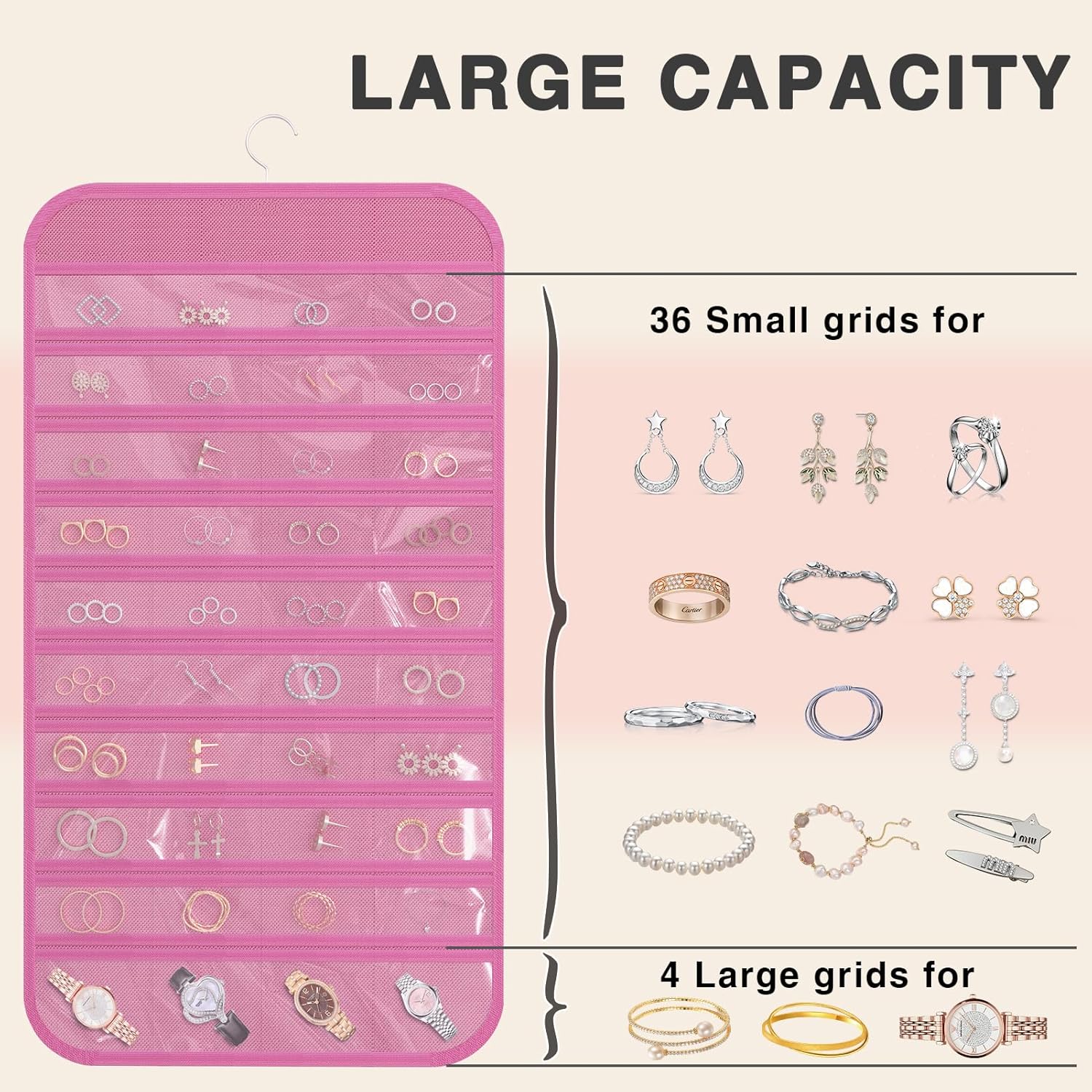 Hanging Jewelry Organizer Storage, 40 Pockets 36 Hooks Necklace Earring Necklace Bracelet Ring Organizer, Double - Sided Design, Pink