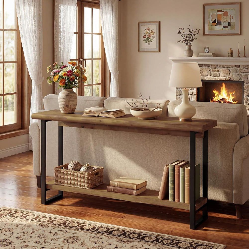 Solid Wood Live-Edge Console Table for Entryway, Farmhouse 63-Inch Narrow Lon...