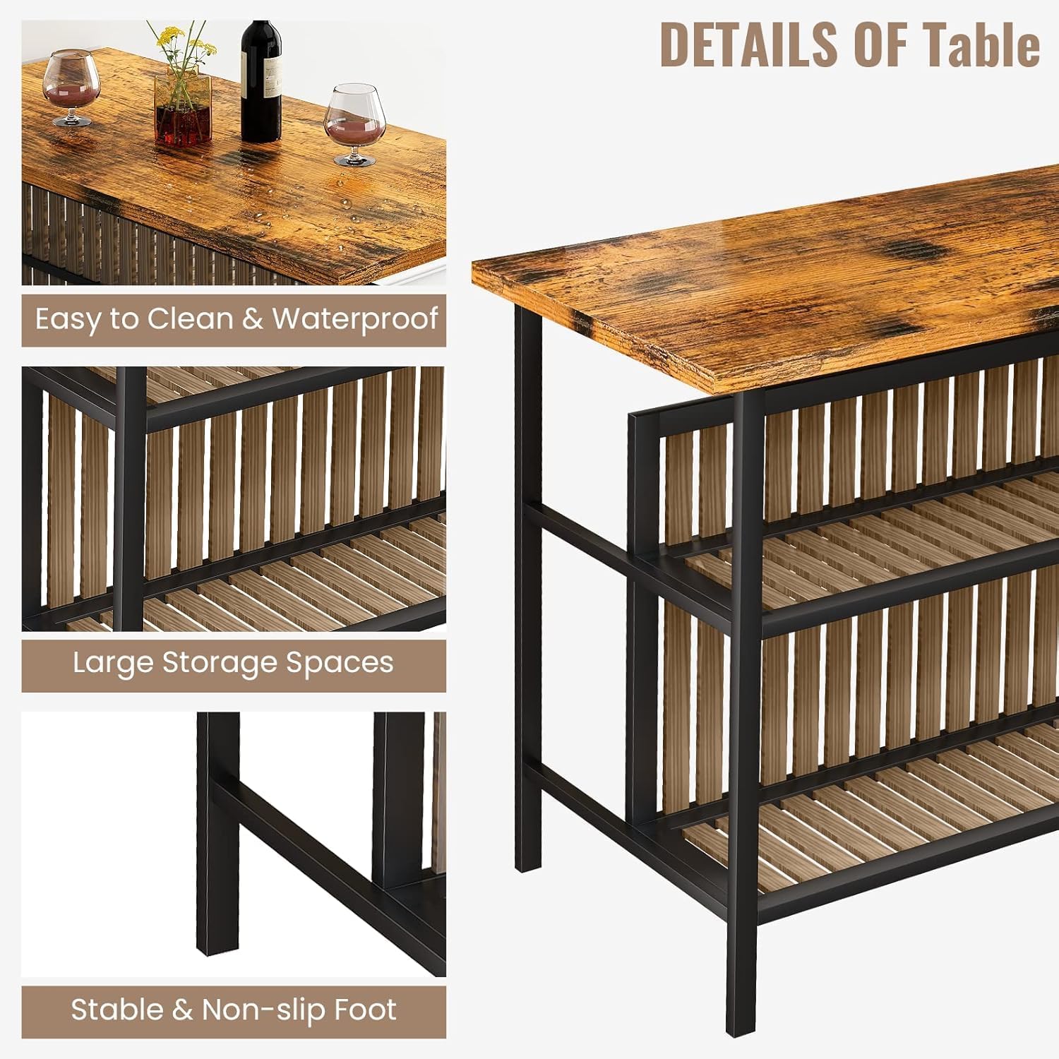 AWQM Kitchen Island with Seating & Storage Shelf, Modern Bar Table and Chairs Set for 2, Wooden Island Table for Kitchen, Dining Table Set for Small Space, Walnut Color